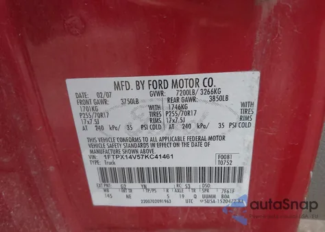 2007 Ford F-150 Fx4/Lariat/Xl/Xlt из США, поврежденный, VIN 1FTPX14V57KC41461